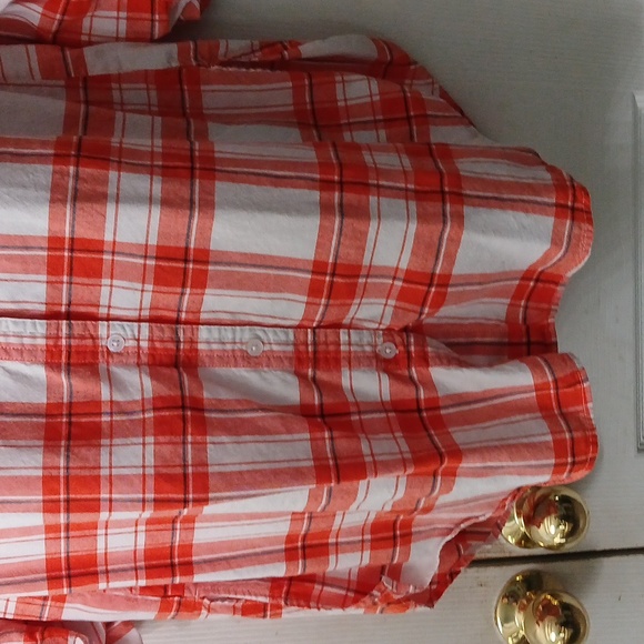 New Directions orange white long sleeve plaid button down tunic Sz M - Picture 2 of 5